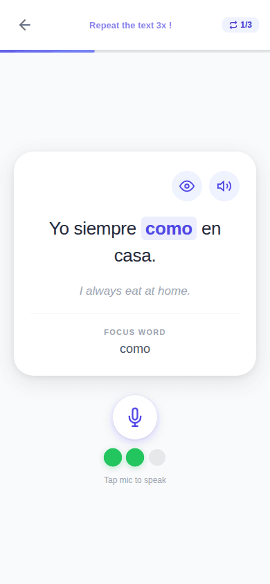 LinguaFlip flashcard with a visible sentence and highlighted focus word
